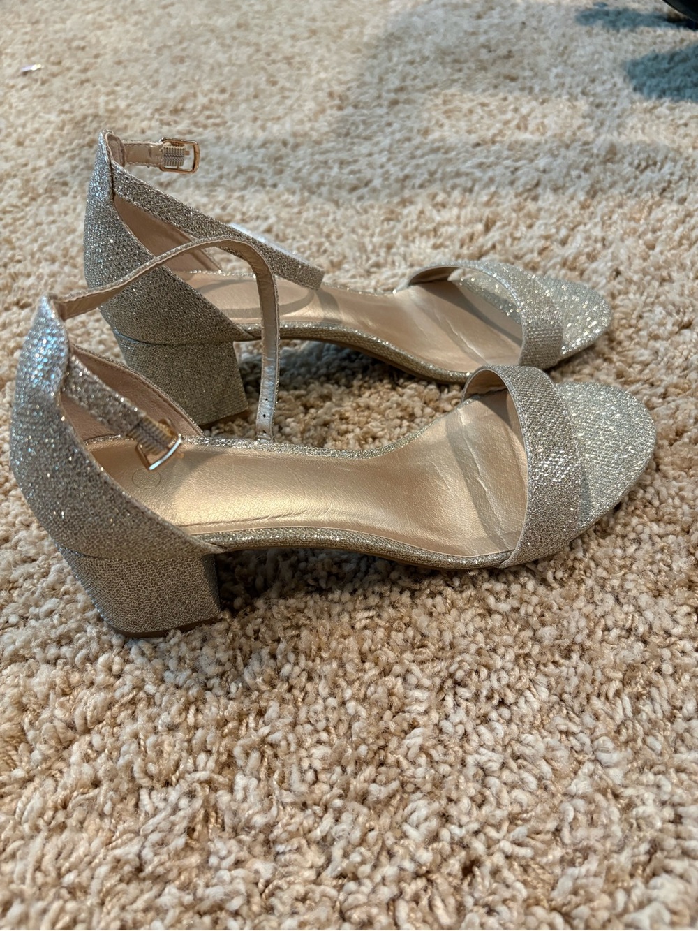 Sparkling Gold Block Heel Sandals with Ankle Strap